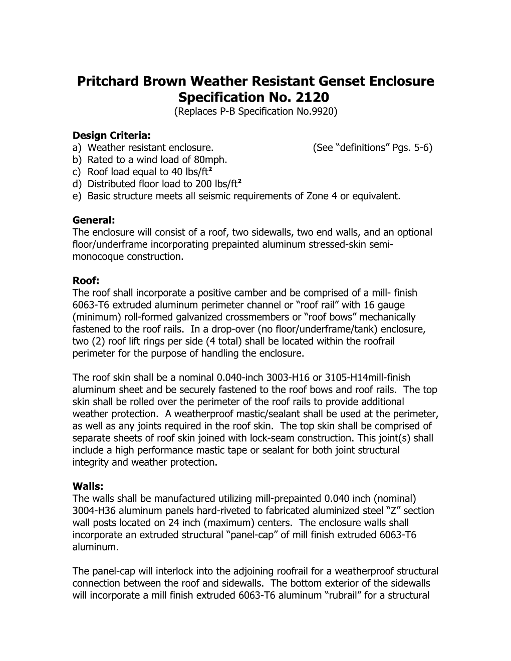 Pritchard Brown Weather Resistant Genset Enclosure Specification No. 2120