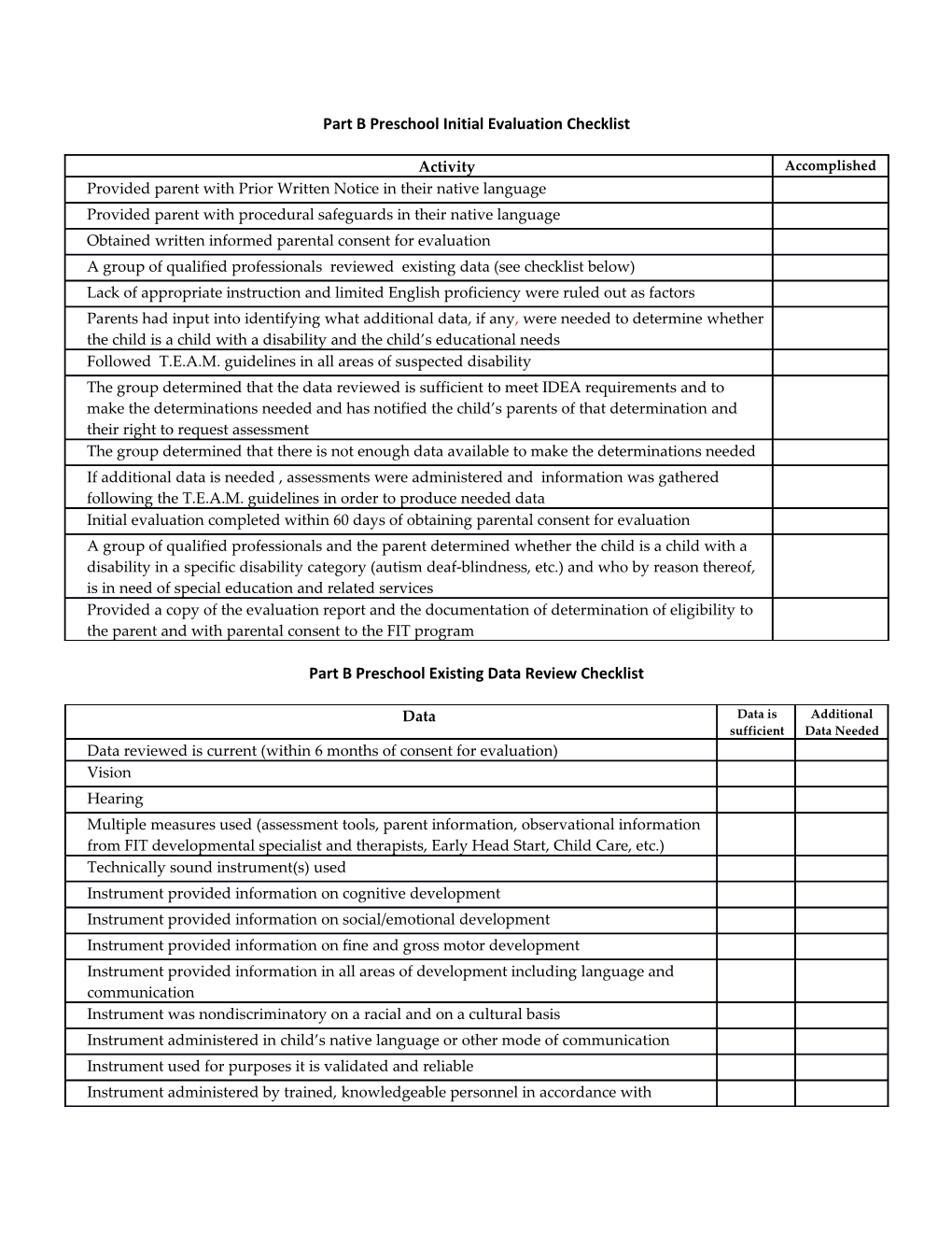 Part B Preschool Initial Evaluation Checklist