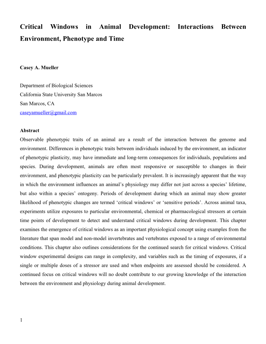 Critical Windows in Animal Development: Interactions Between Environment, Phenotype and Time