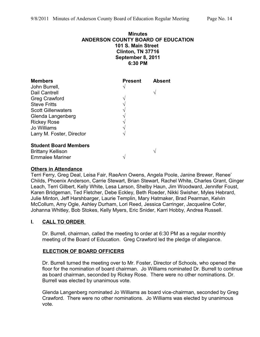 9/8/2011 Minutes of Andersoncounty Board of Education Regular Meeting Page No. 1
