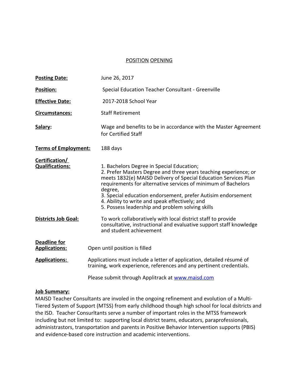 Position: Special Education Teacher Consultant - Greenville