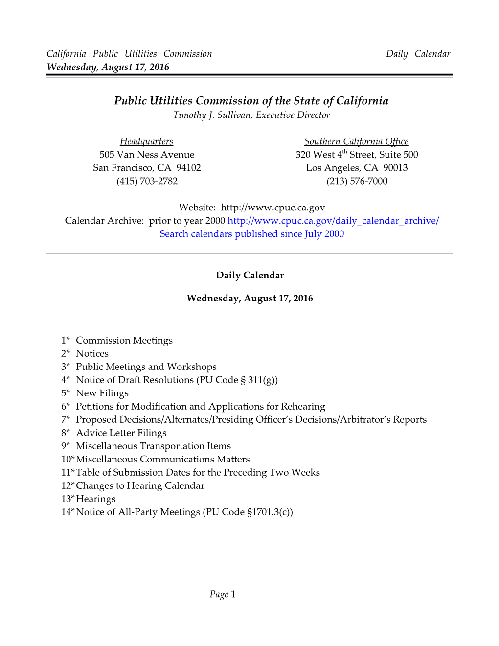 California Public Utilities Commission Daily Calendar Wednesday, August 17, 2016