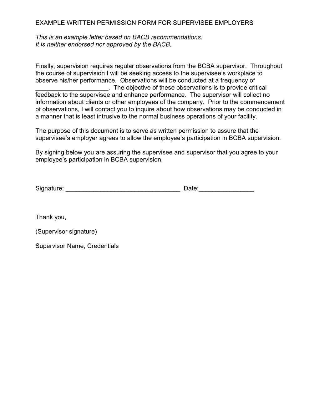 Example Written Permission Form for Supervisee Employers