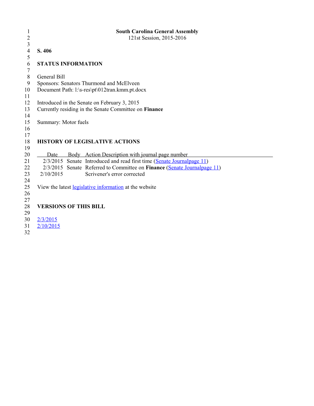 2015-2016 Bill 406: Motor Fuels - South Carolina Legislature Online