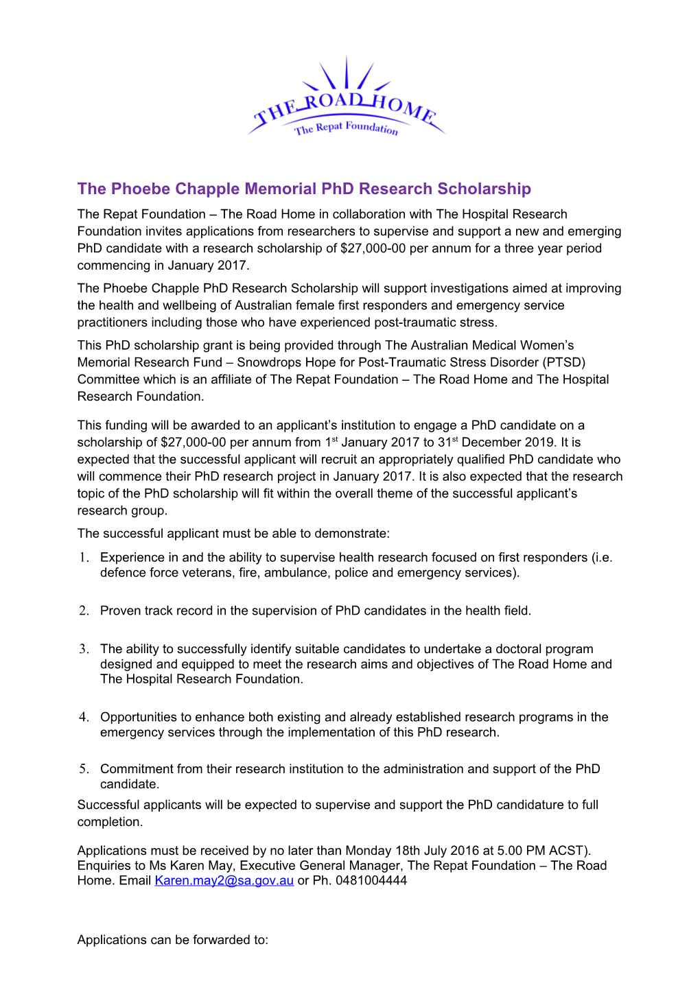 The Phoebe Chapple Memorial Phd Research Scholarship