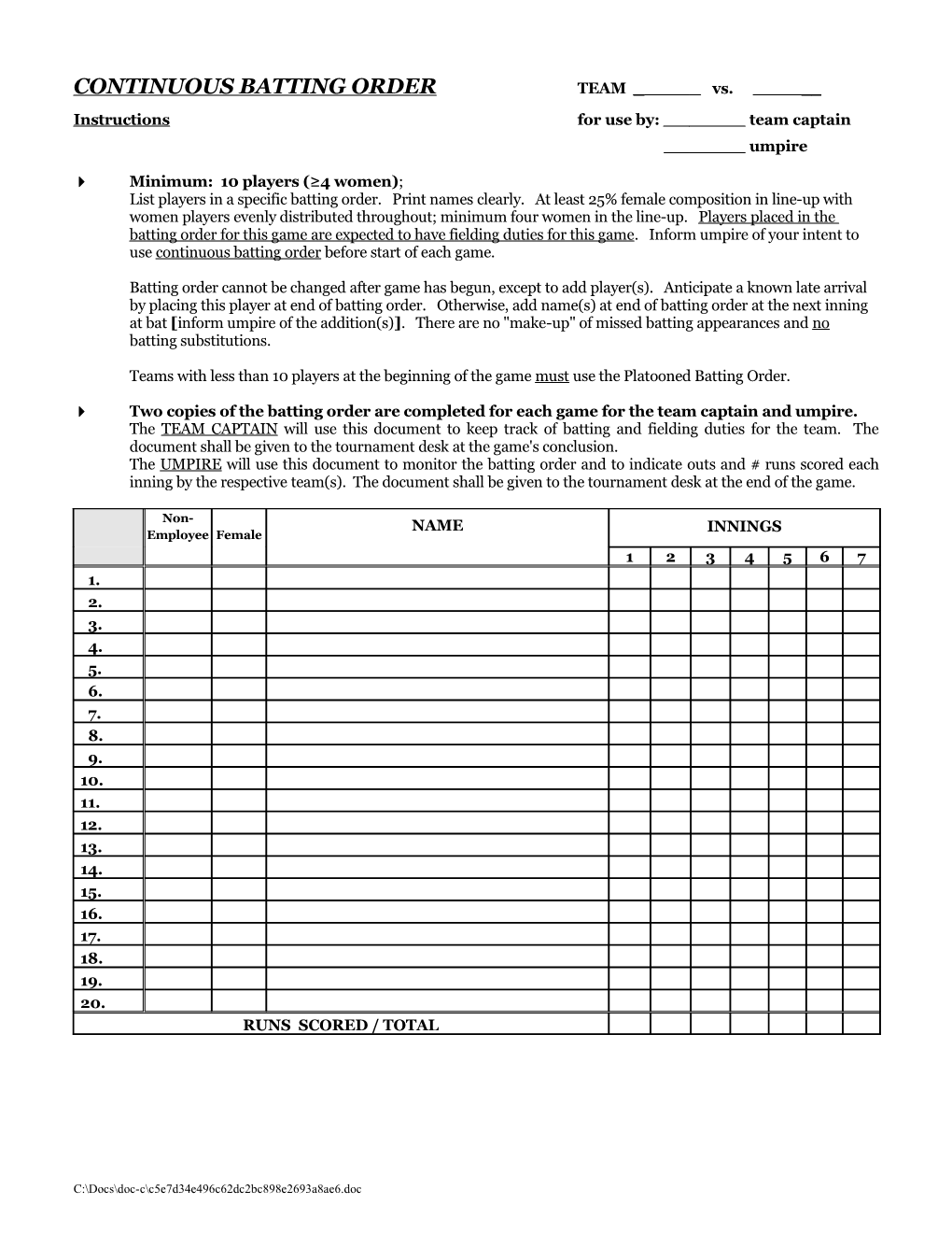 SB * Batting Order & Instructions Form