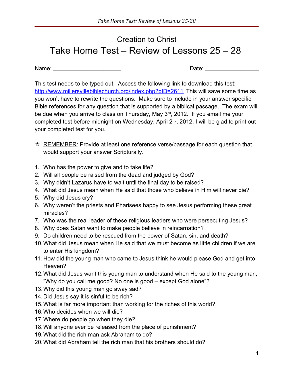 Take Home Test: Review of Lessons 25-28