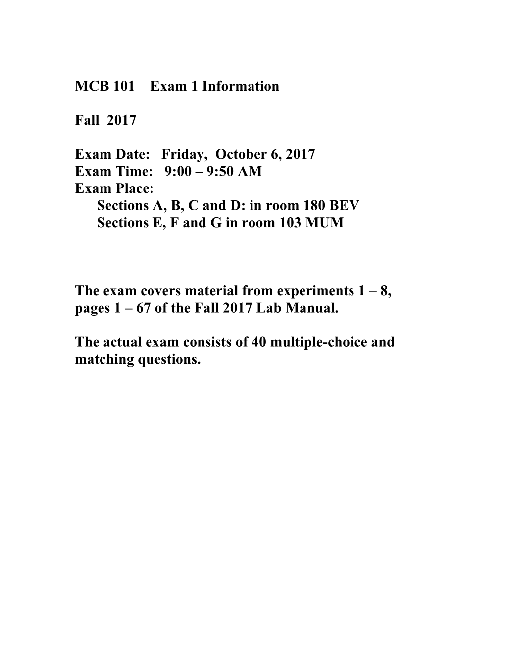 MCB 101 Exam 1 Information