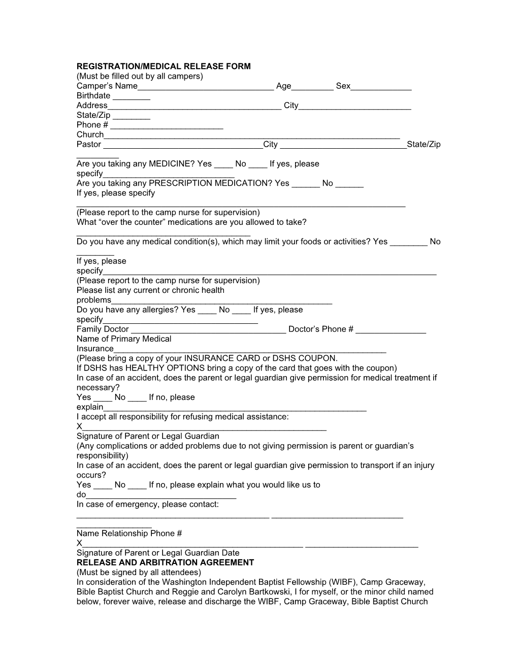 Registration/Medical Release Form