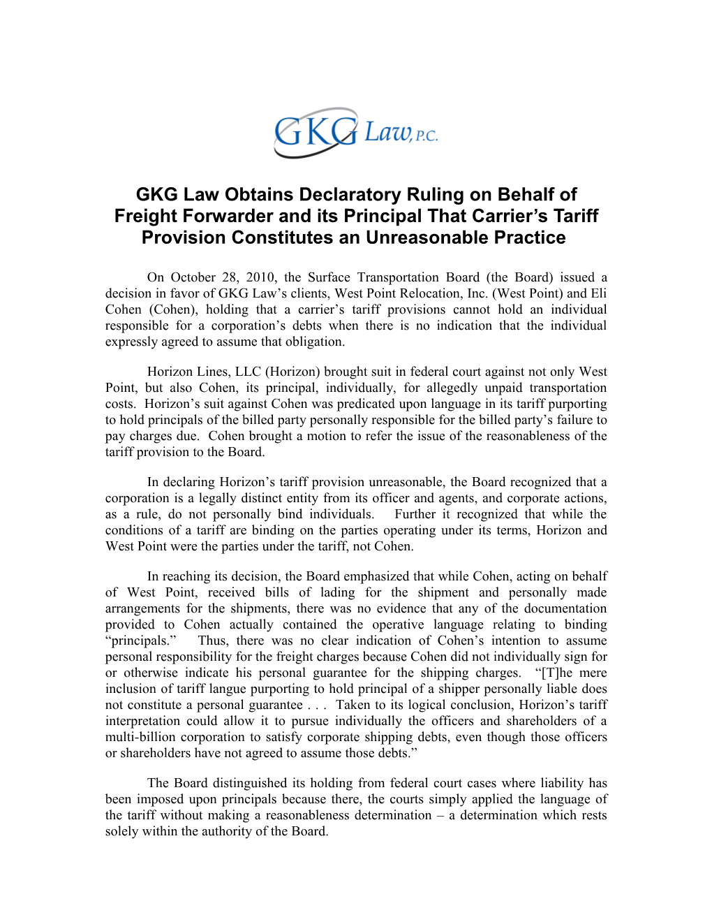 GKG Law Obtains Declaratory Ruling on Behalf of Freight Forwarder and Its Principal That