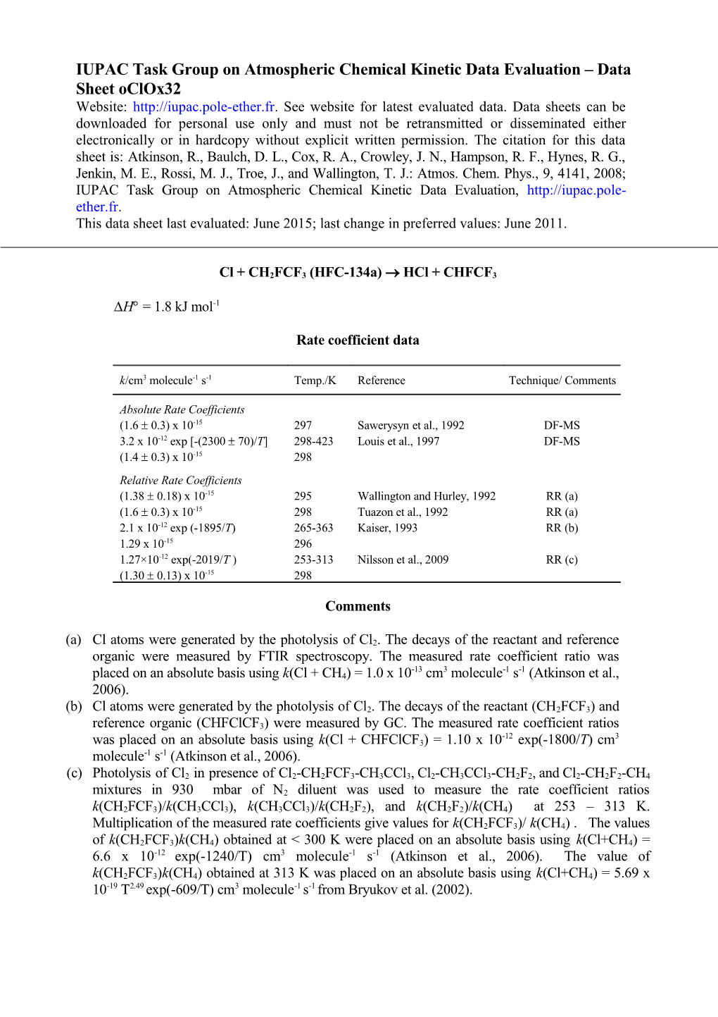 IUPAC Task Group on Atmospheric Chemical Kinetic Data Evaluation Data Sheet IV.A2.106 Oclox32