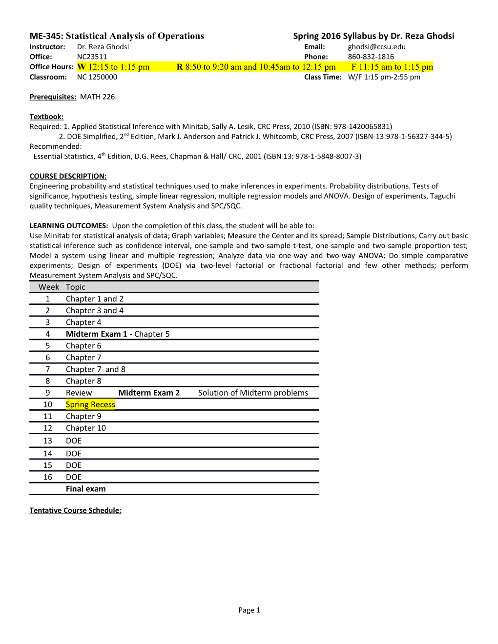 ME-345: Statistical Analysis of Operationsspring 2016 Syllabus by Dr. Reza Ghodsi