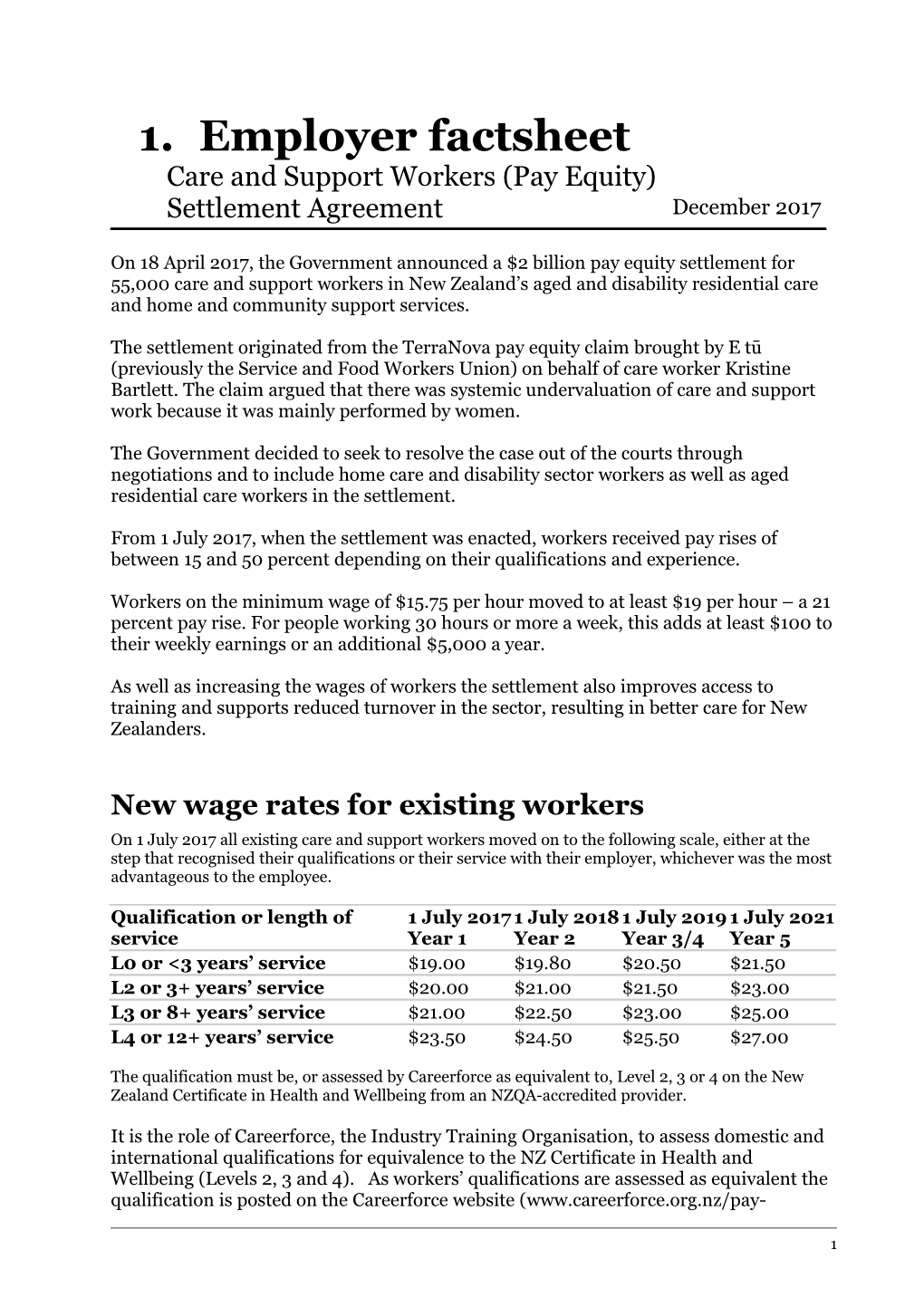 Employer Factsheet Care and Support Workers (Pay Equity) Settlement Agreement - Dec 2017