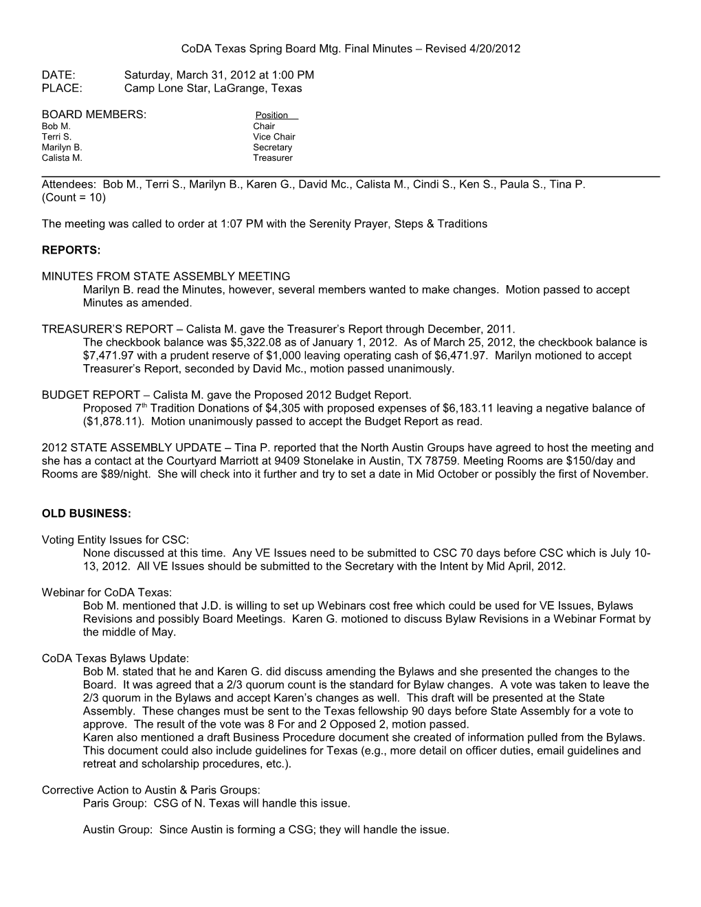 Coda Texas Spring Board Mtg. Final Minutes Revised 4/20/2012