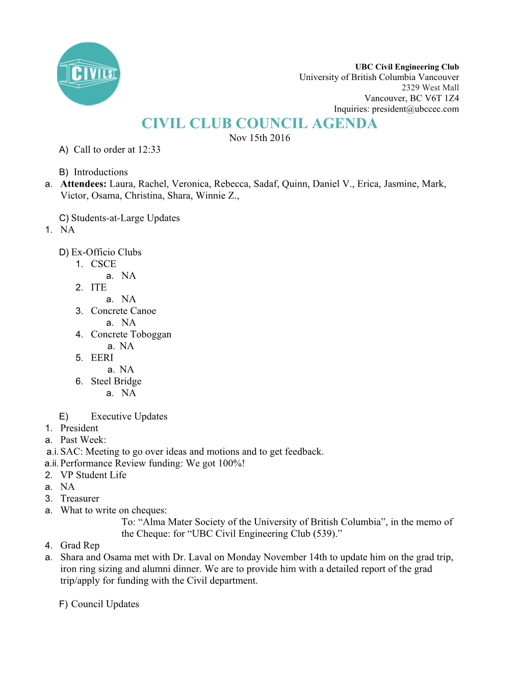 Civil Club Council Agenda