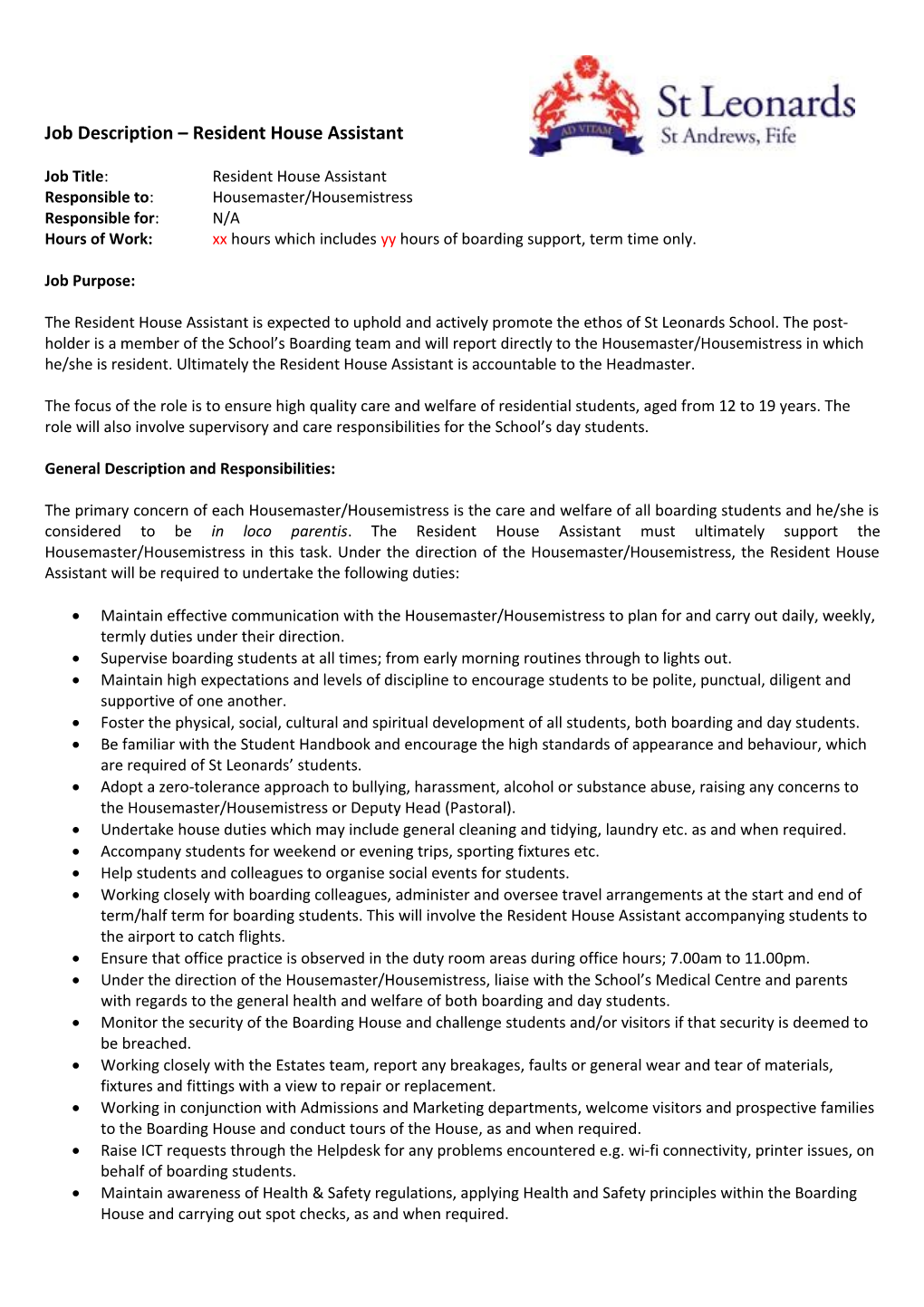 Job Description Resident House Assistant