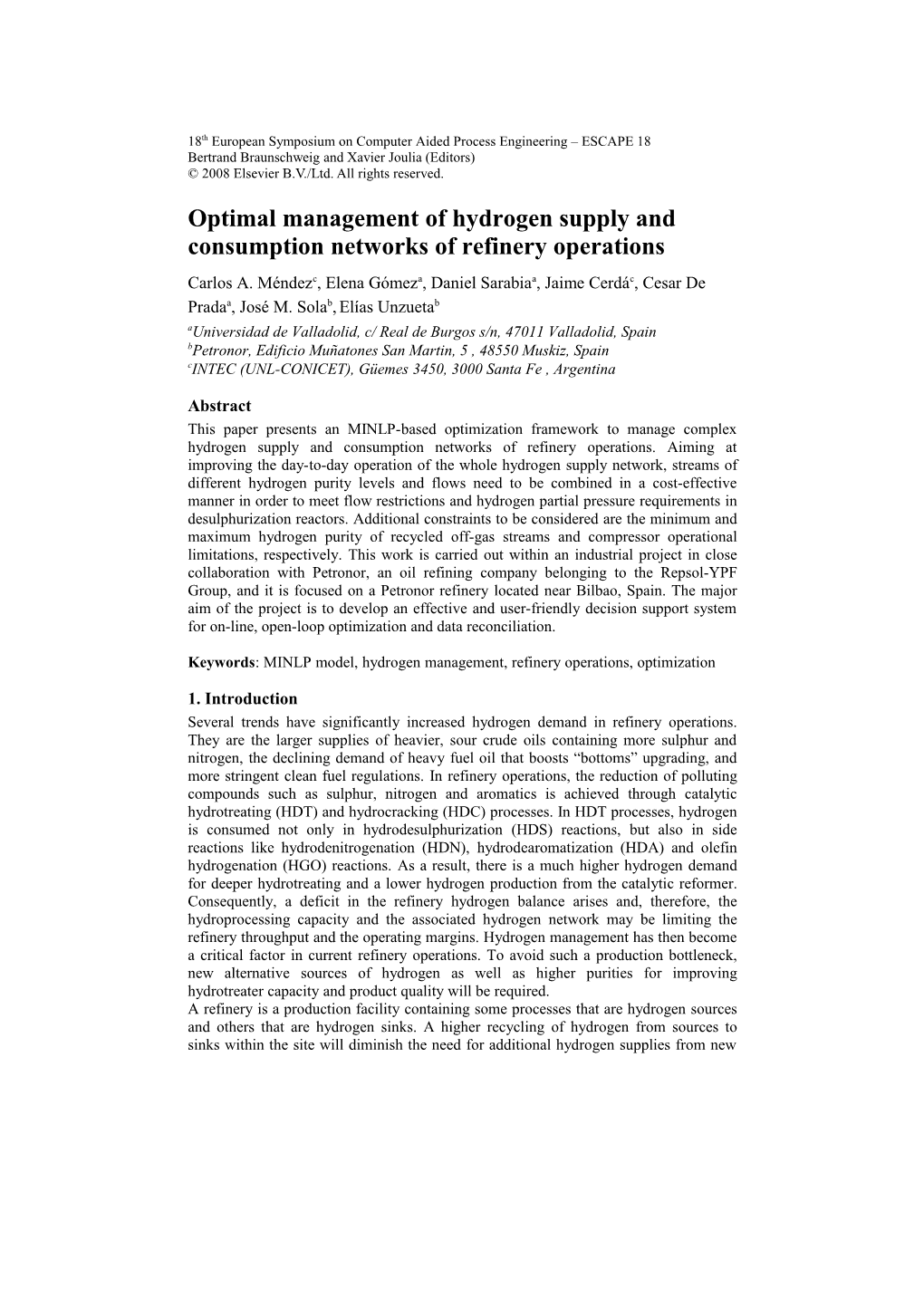 Optimal Management of Hydrogen Supply and Consumption Networks of Refinery Operations