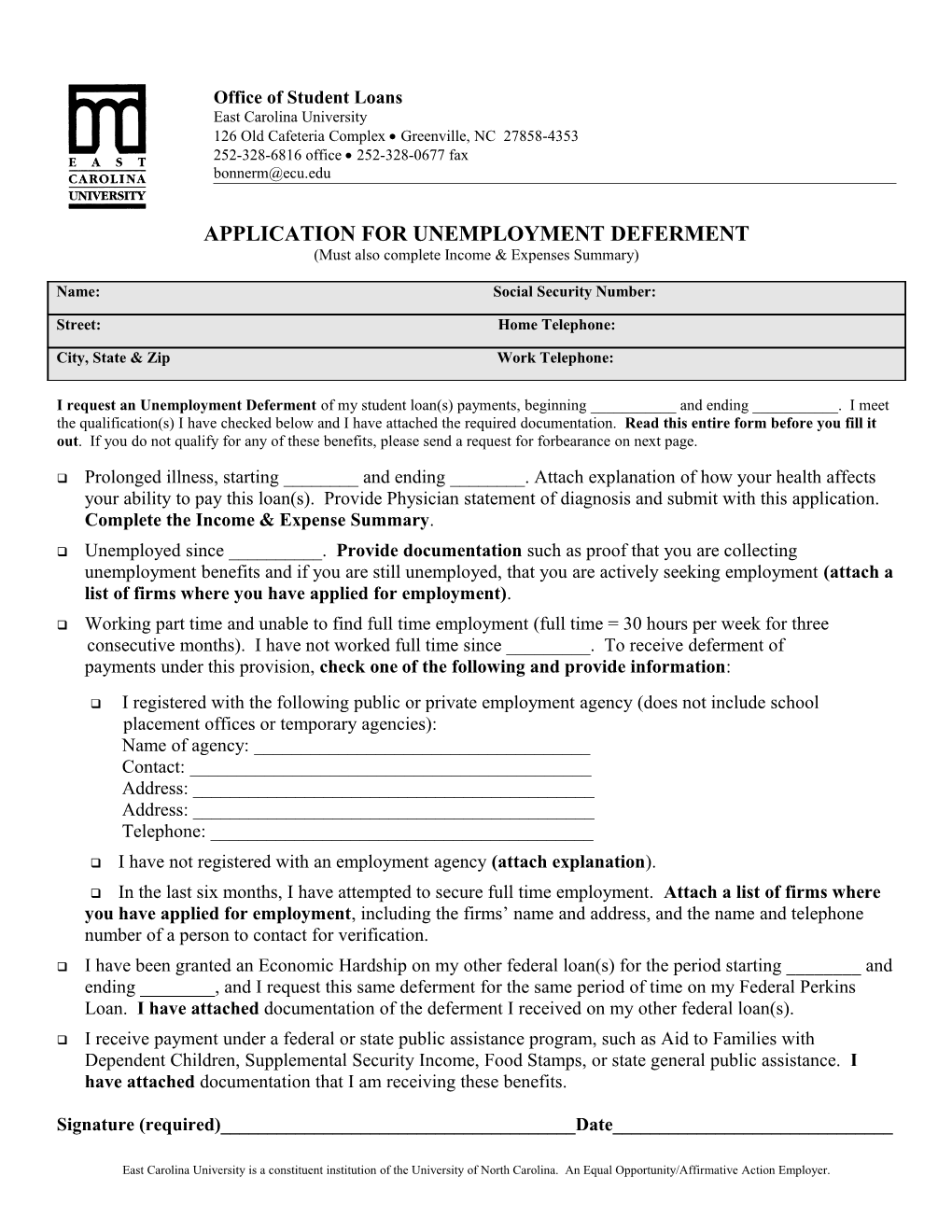 Application for Unemployment Deferment