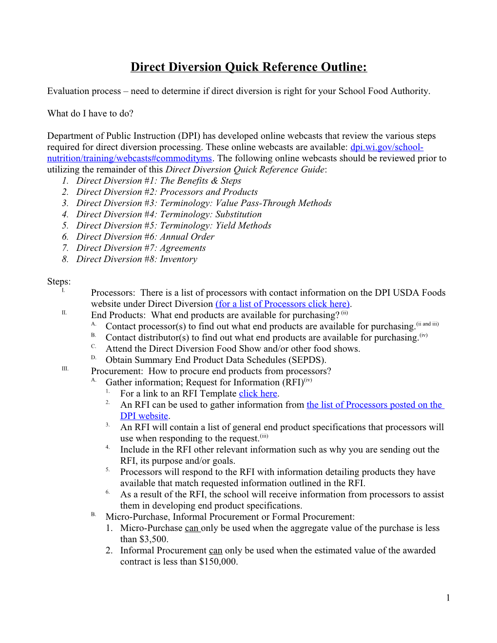 Direct Diversion Quick Reference Outline