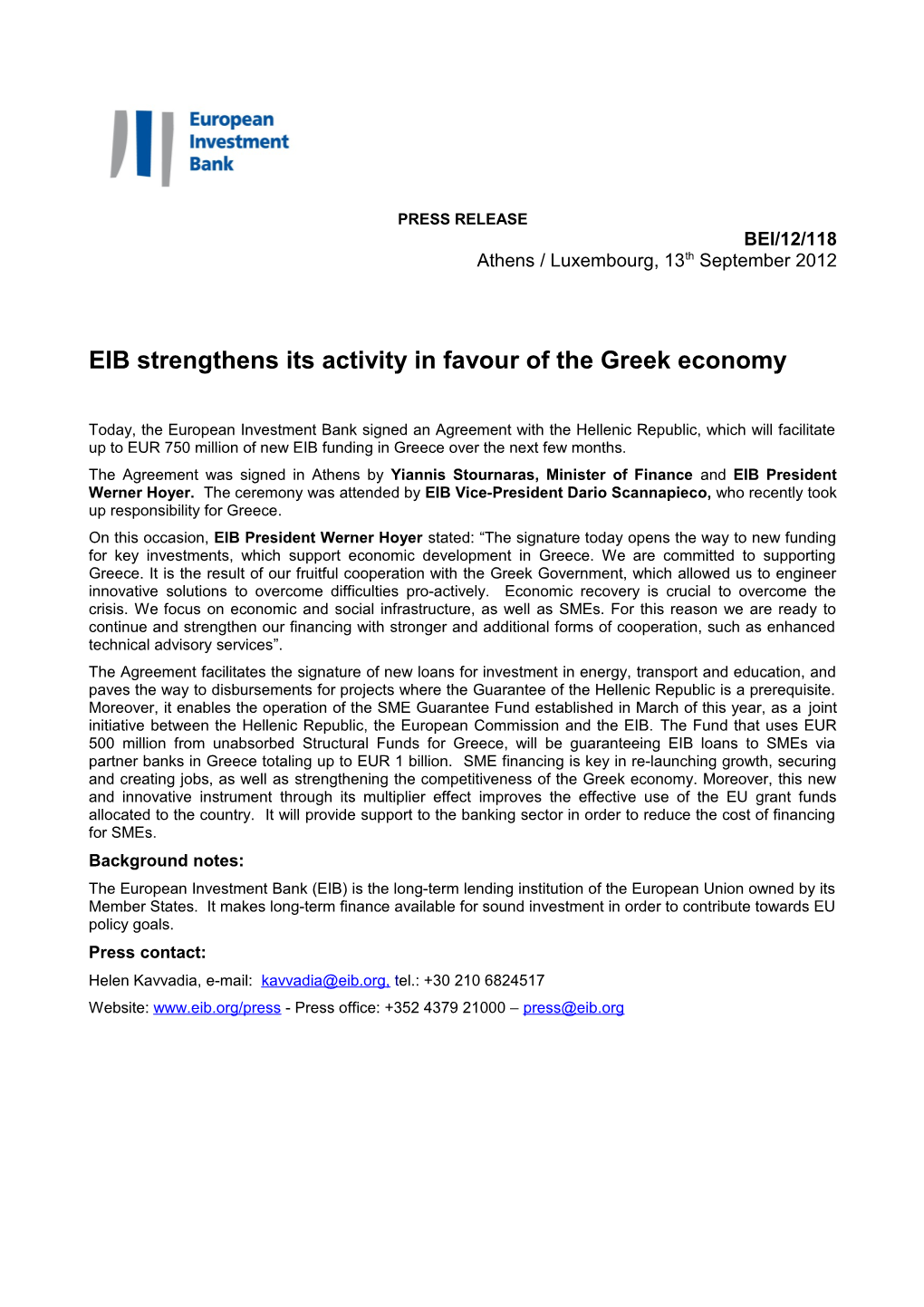 EIB Strengthens Its Activity in Favour of the Greek Economy