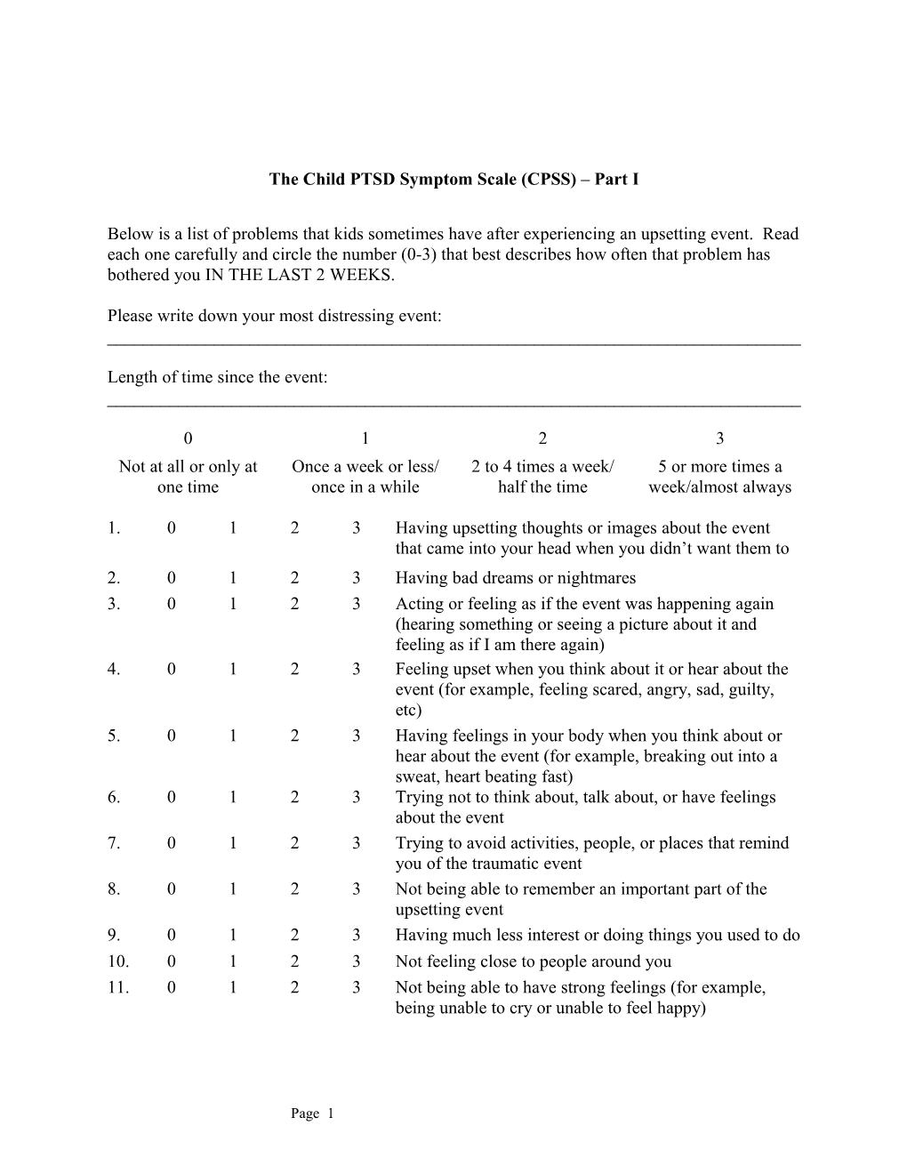 The Child PTSD Symptom Scale (CPSS) Part I