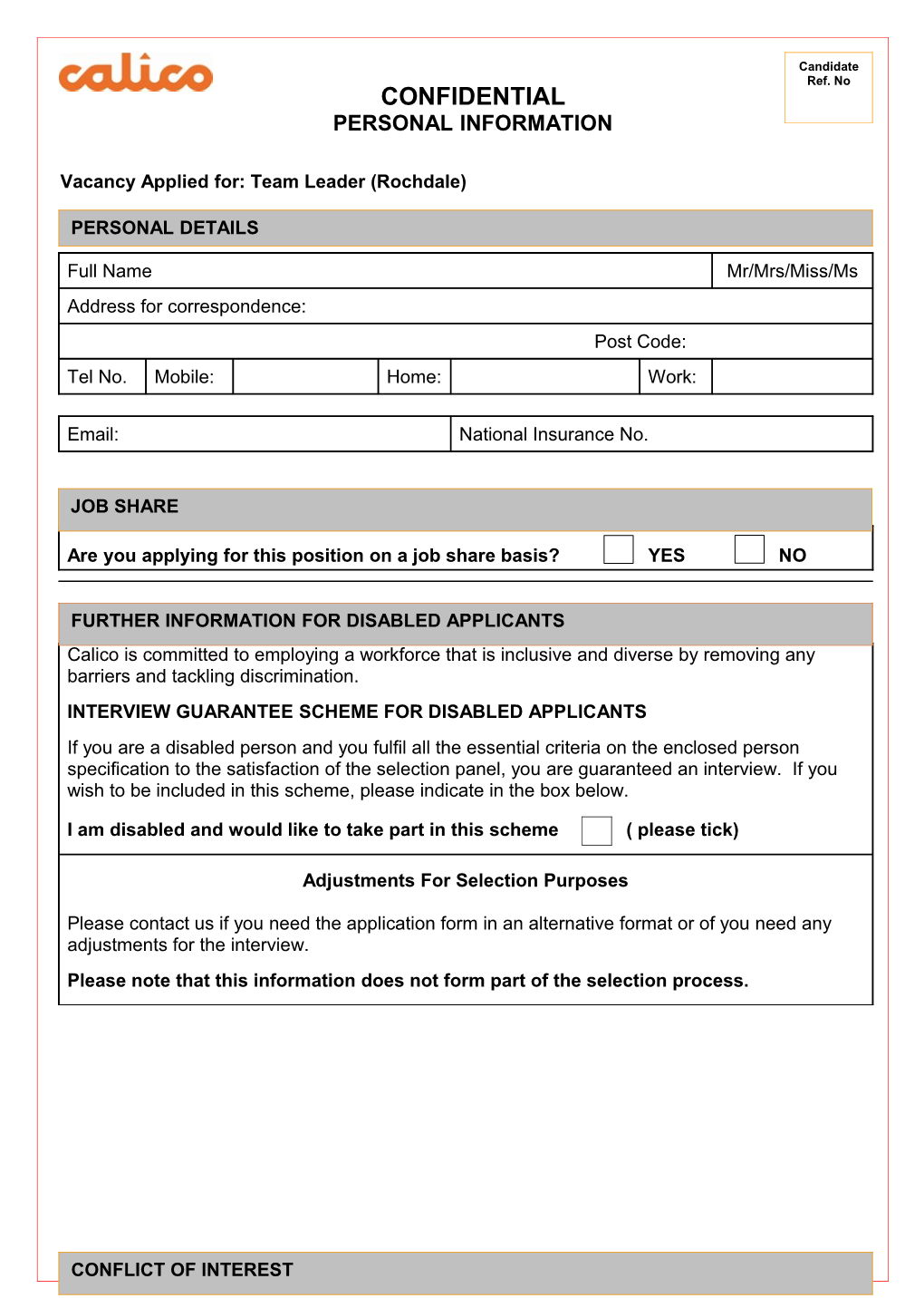 Vacancy Applied For: Team Leader (Rochdale)