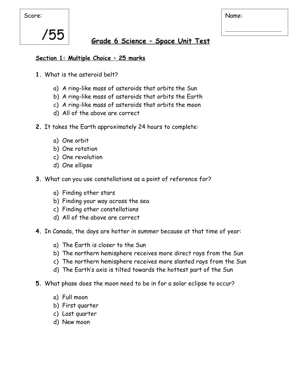 Grade 6 Science Space Unit Test