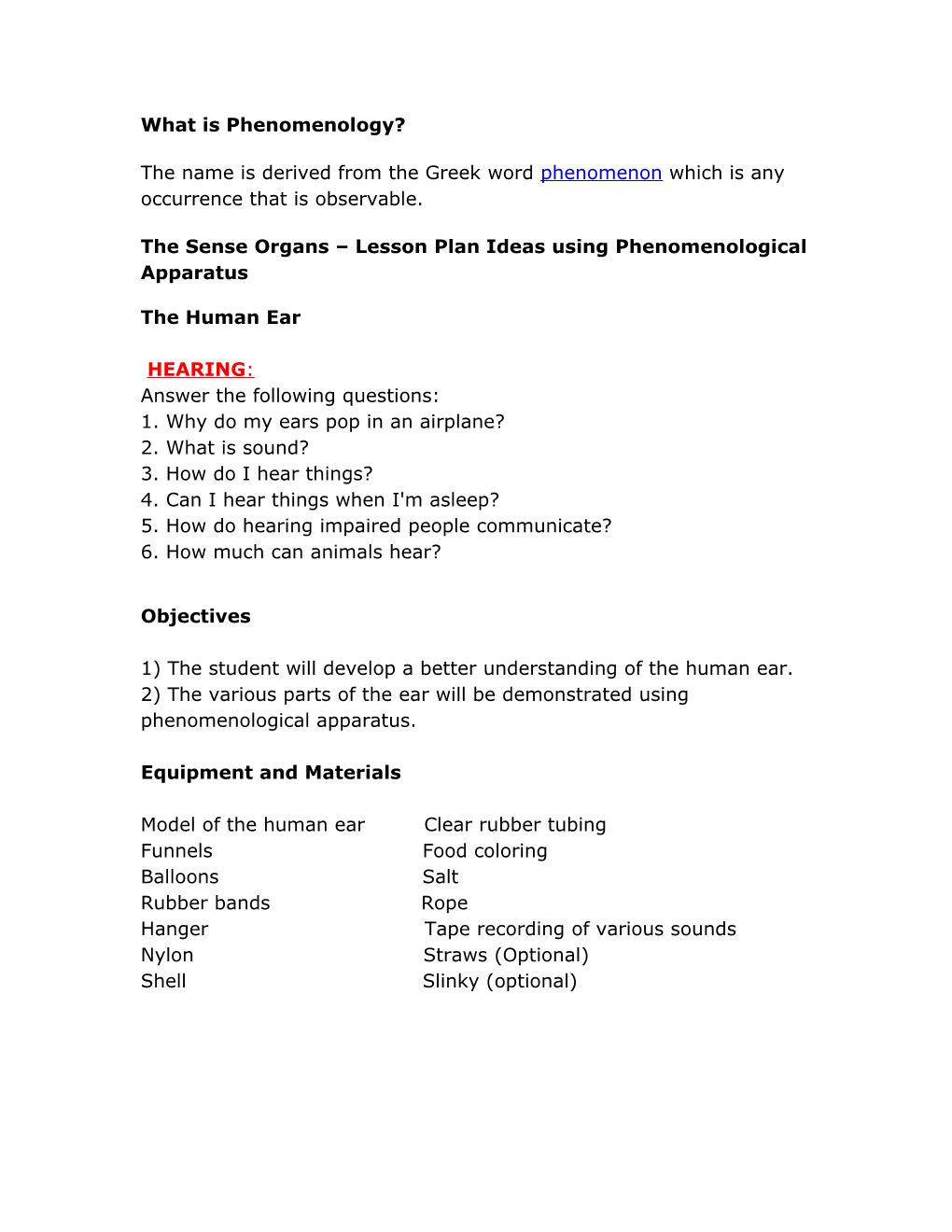 The Sense Organs Lesson Plan Ideas Using Phenomenological Apparatus