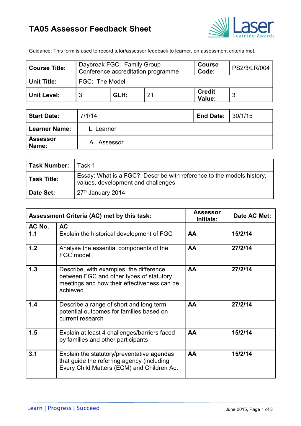 LASER Tutor Assessment and Feedback Form