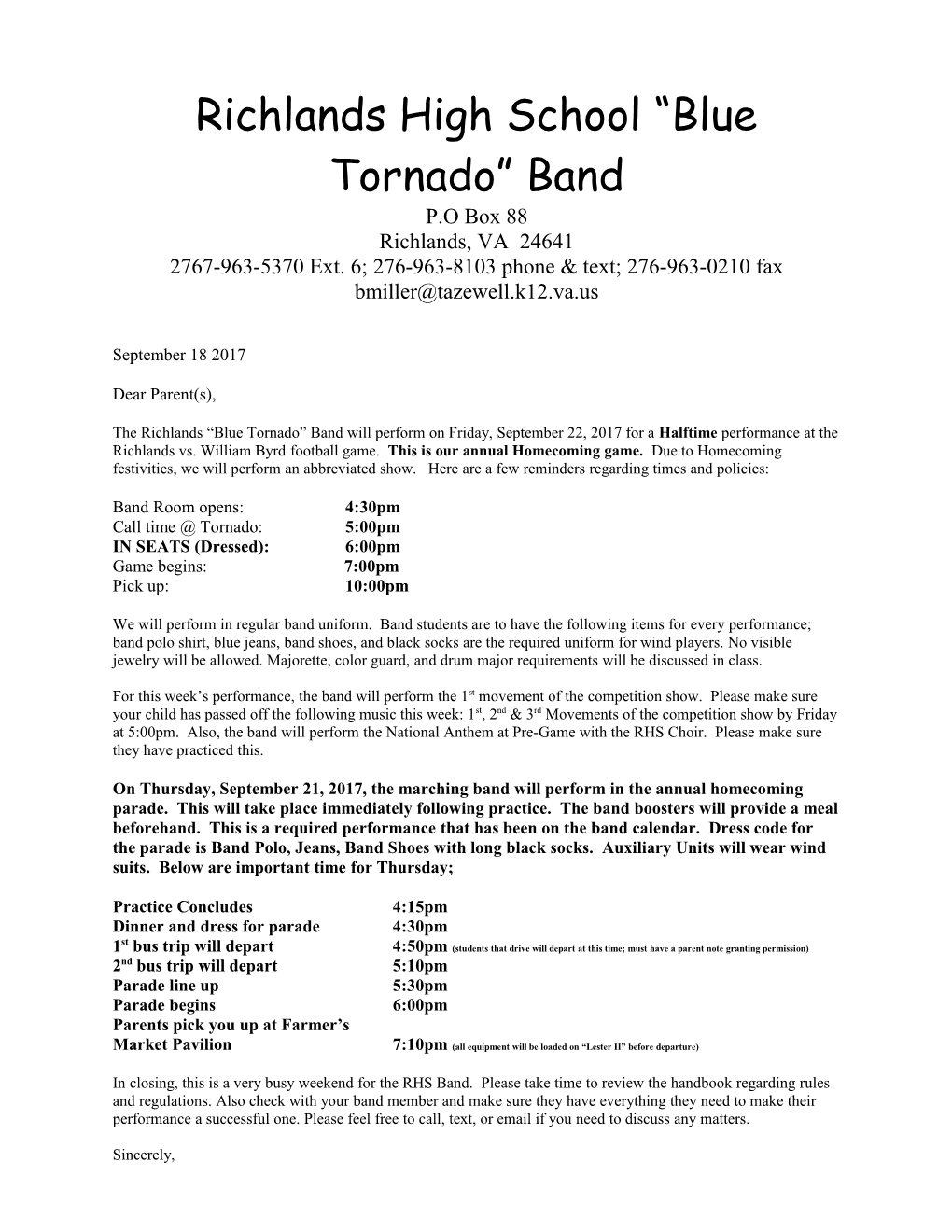 Richlands High School Blue Tornado Band