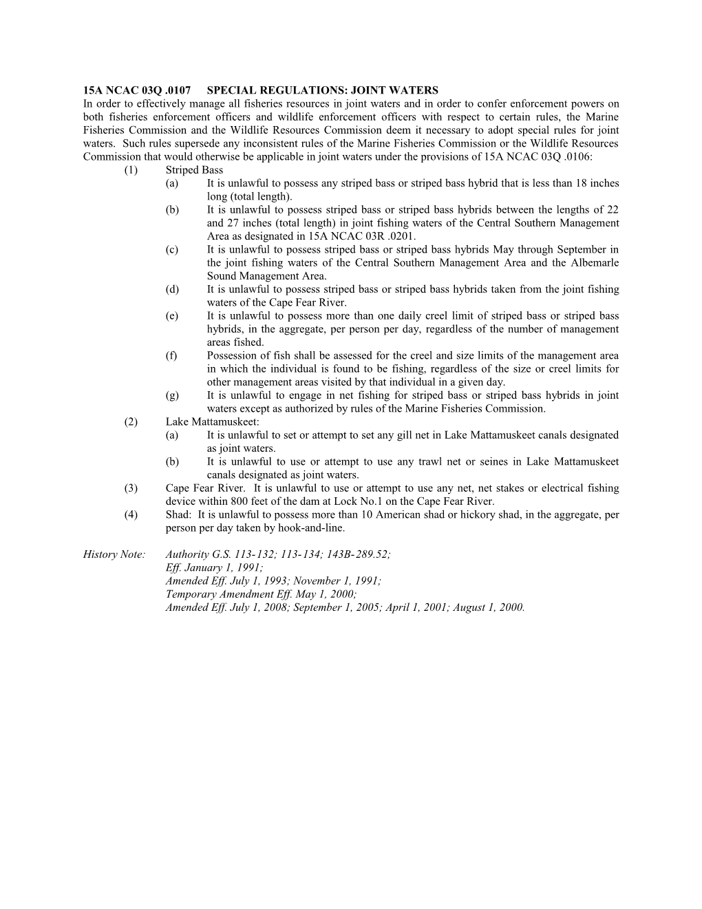 15A Ncac 03Q .0107Special Regulations: Joint Waters