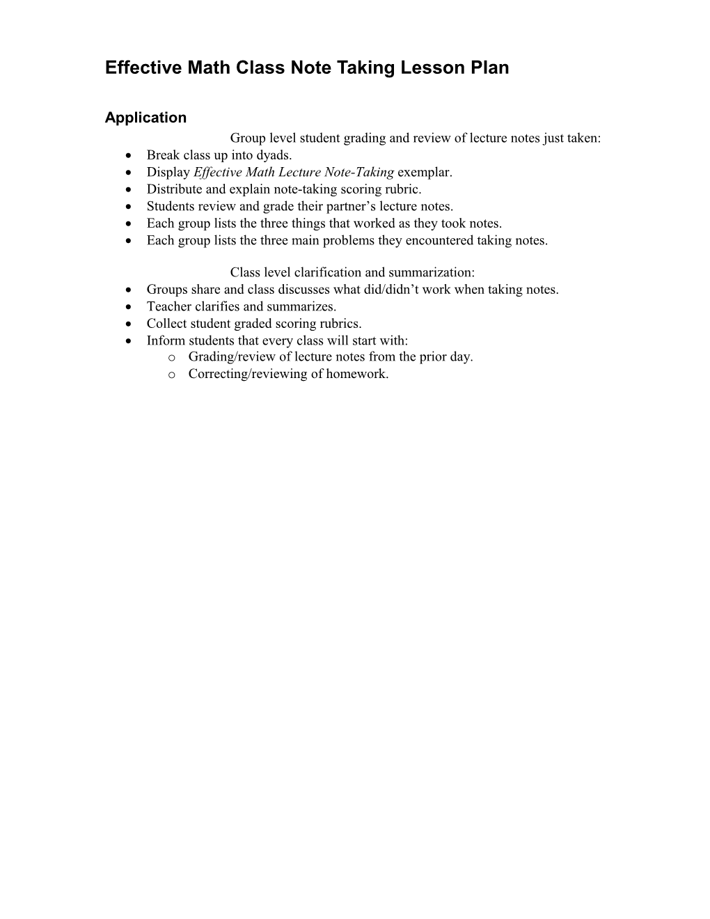 Effective Math Class Note Taking Lesson Plan