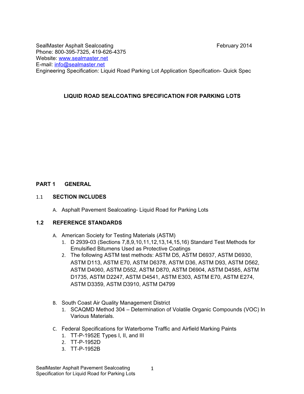 Liquid Roadsealcoating Specification for Parking Lots