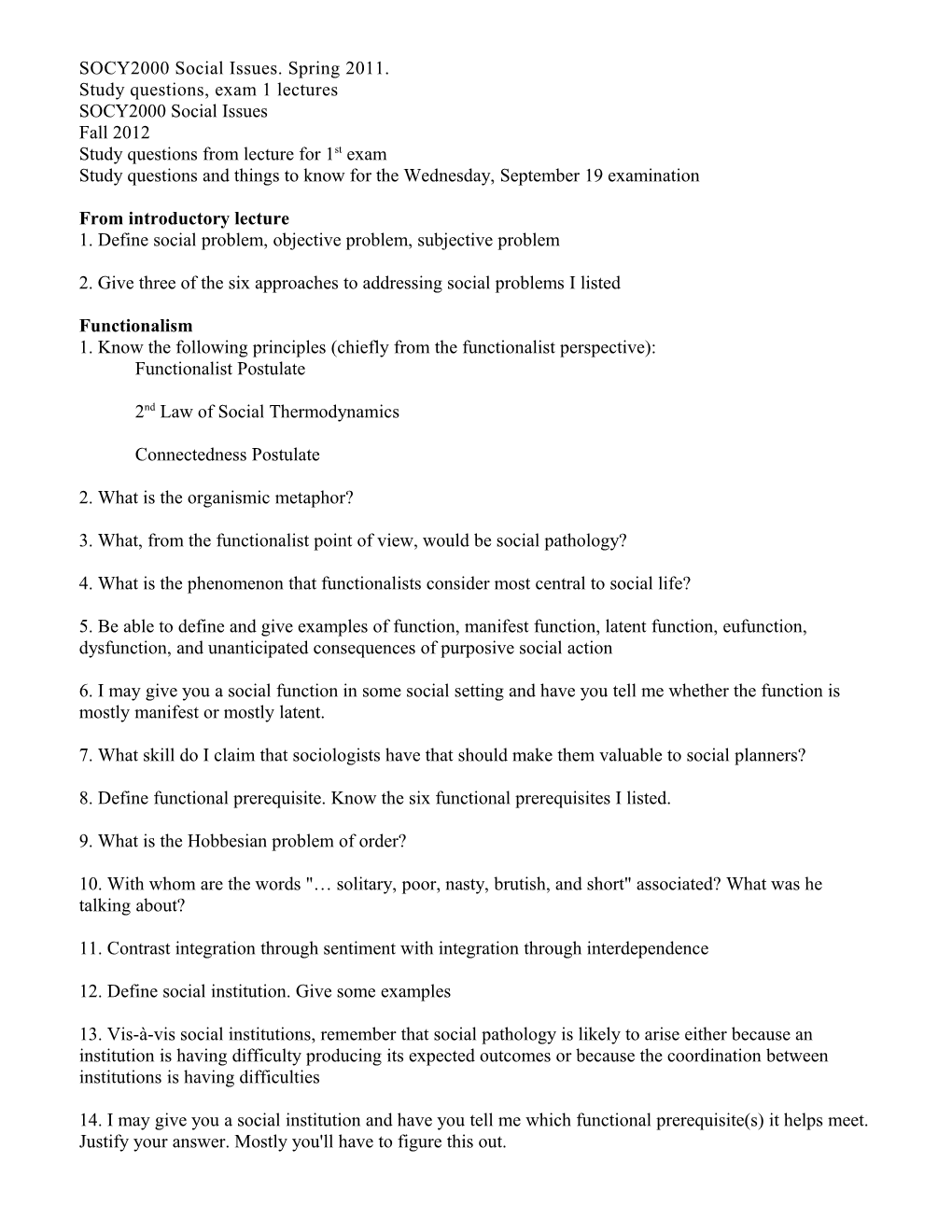 SOCY2000 Lecture Study Questions for Exam 1, Spring 2011