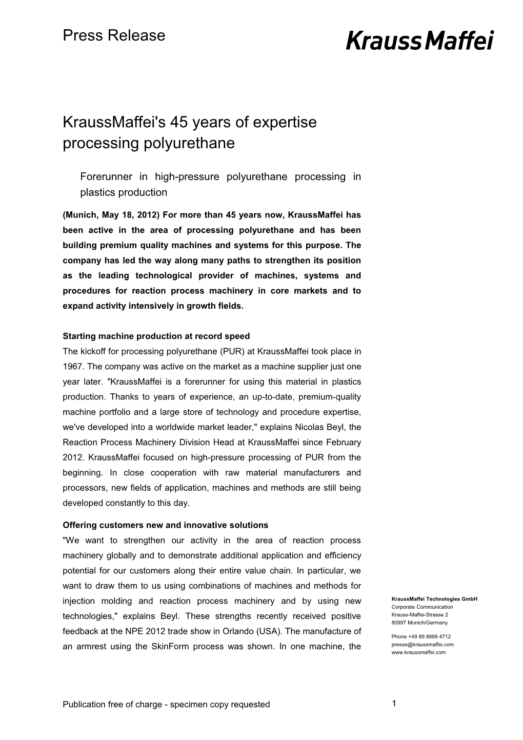 Kraussmaffei's 45 Years of Expertise Processing Polyurethane
