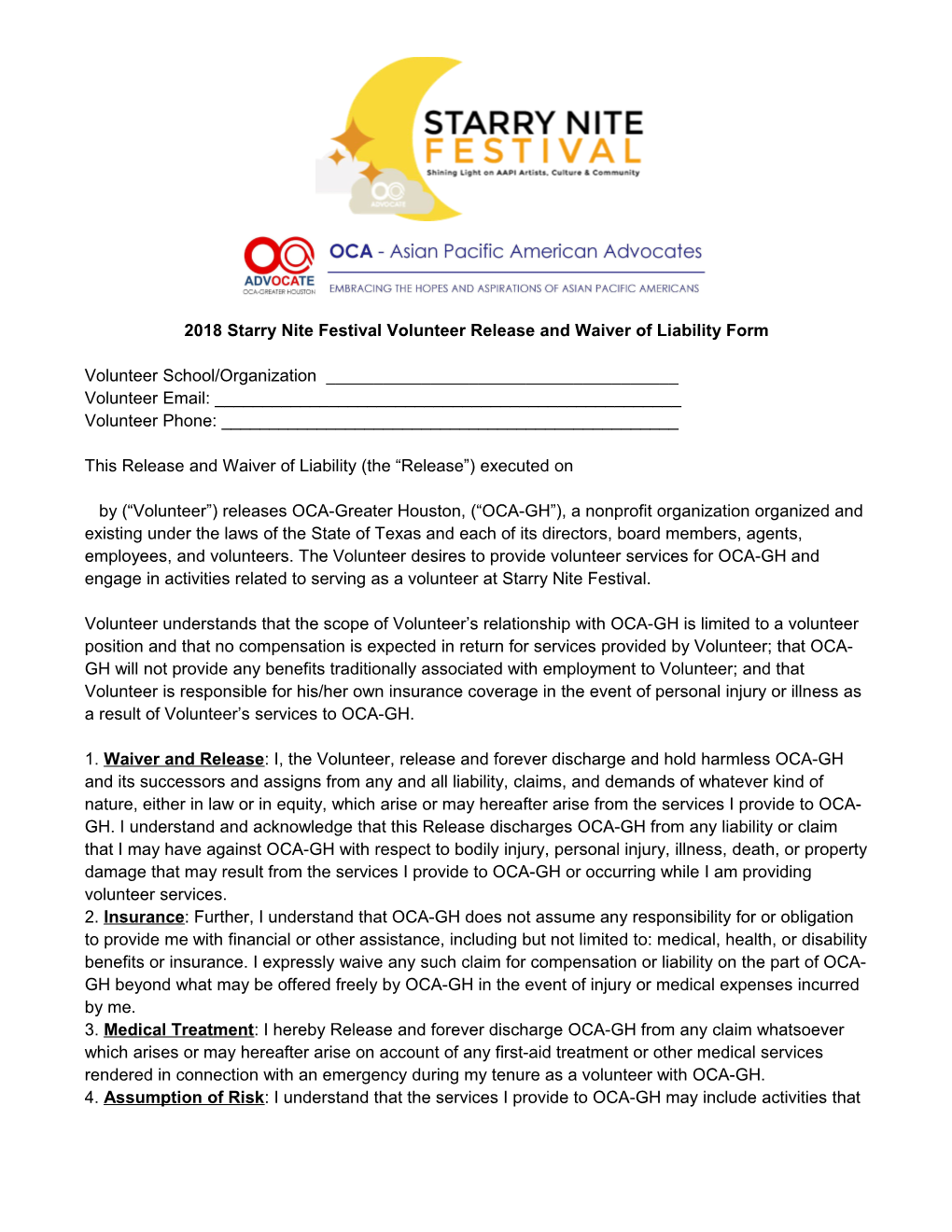 2018 Starry Nite Festival Volunteer Release and Waiver of Liability Form