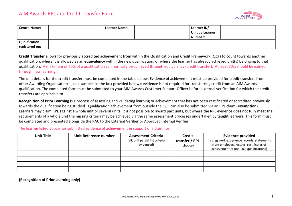 AIM Awards RPL and Credit Transfer Form