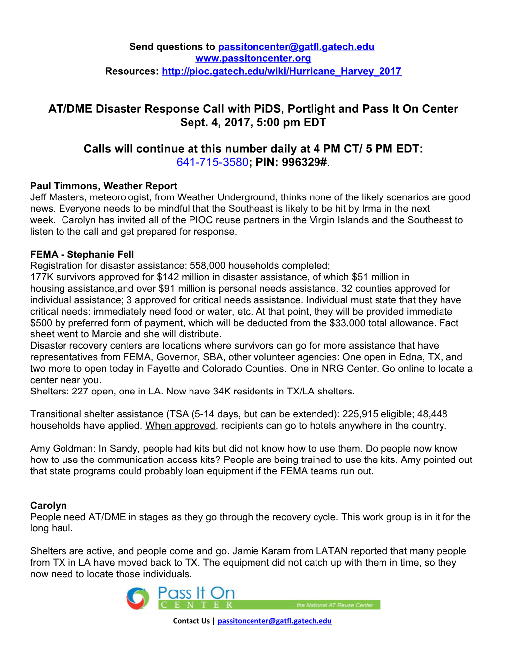 AT/DME Disaster Response Call with Pids, Portlight and Pass It on Center