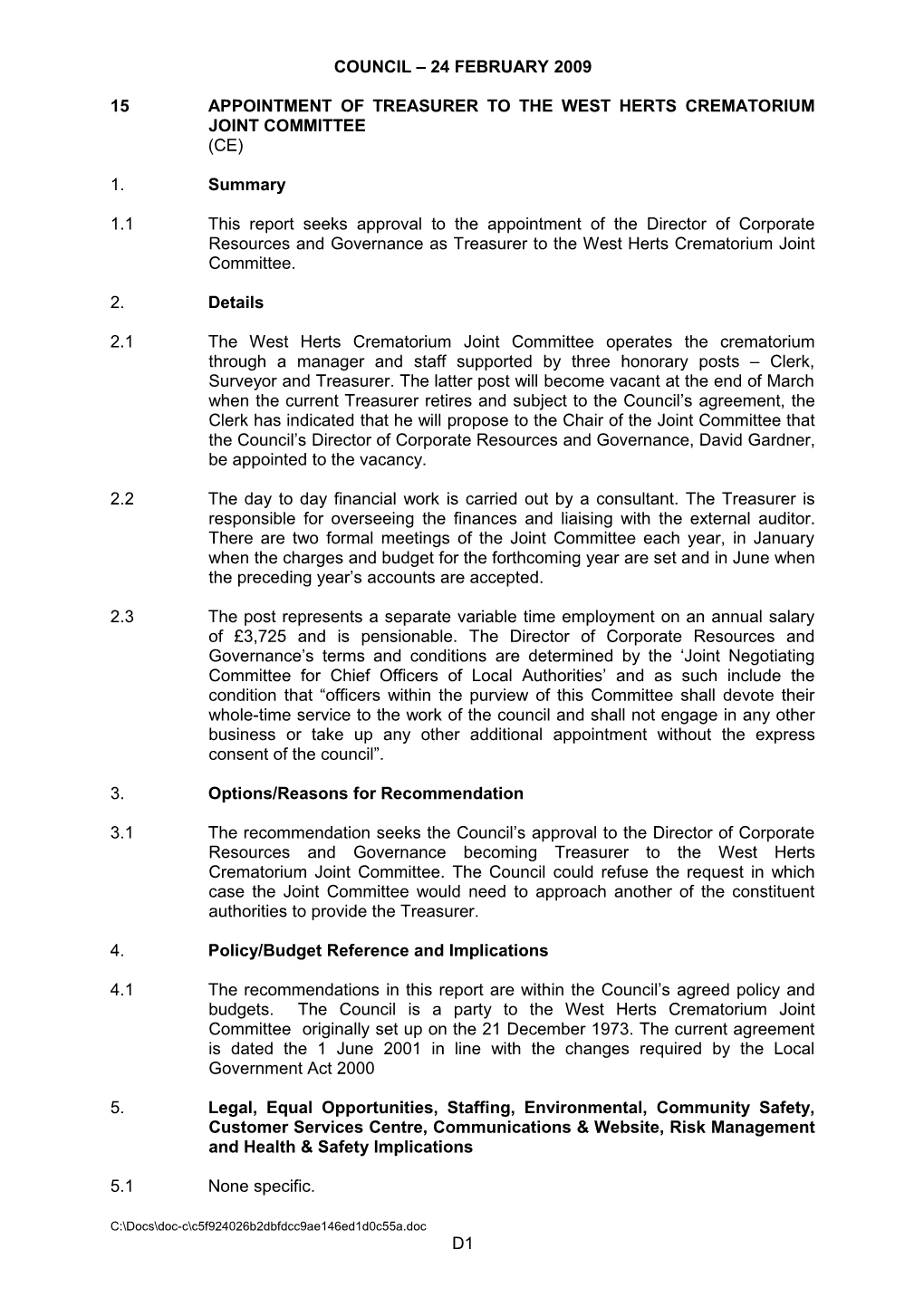 15Appointment of Treasurer to the West Herts Crematorium Joint Committee