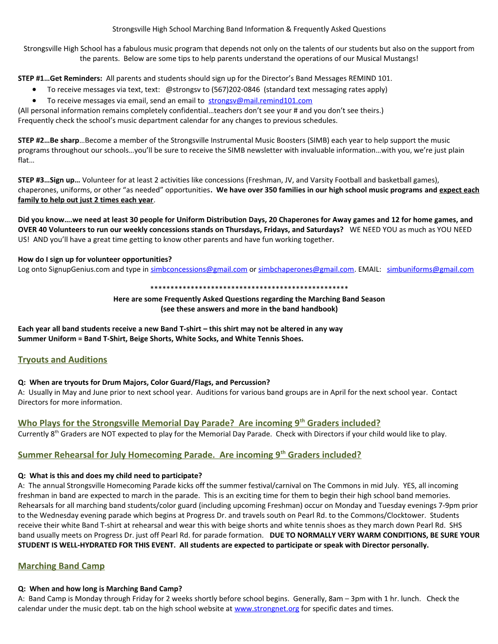 Strongsville High School Marching Band Information & Frequently Asked Questions