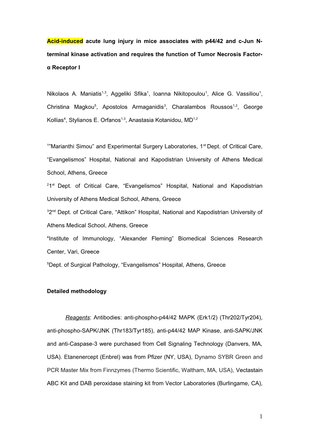 Requirement for TNF-Α Receptor I for P44/42 and C-Jun N-Terminal Kinase Activation And