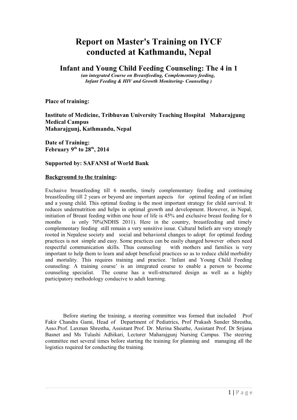 Report on Master's Training on IYCF