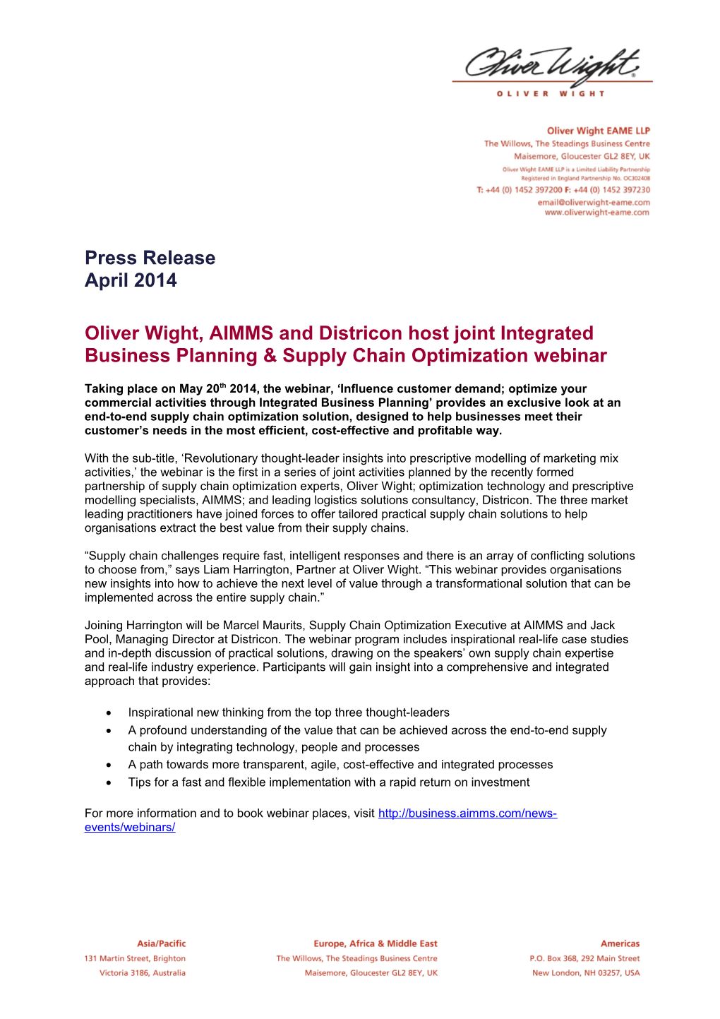 Oliver Wight, AIMMS and Districon Host Joint Integrated Business Planning & Supply Chain