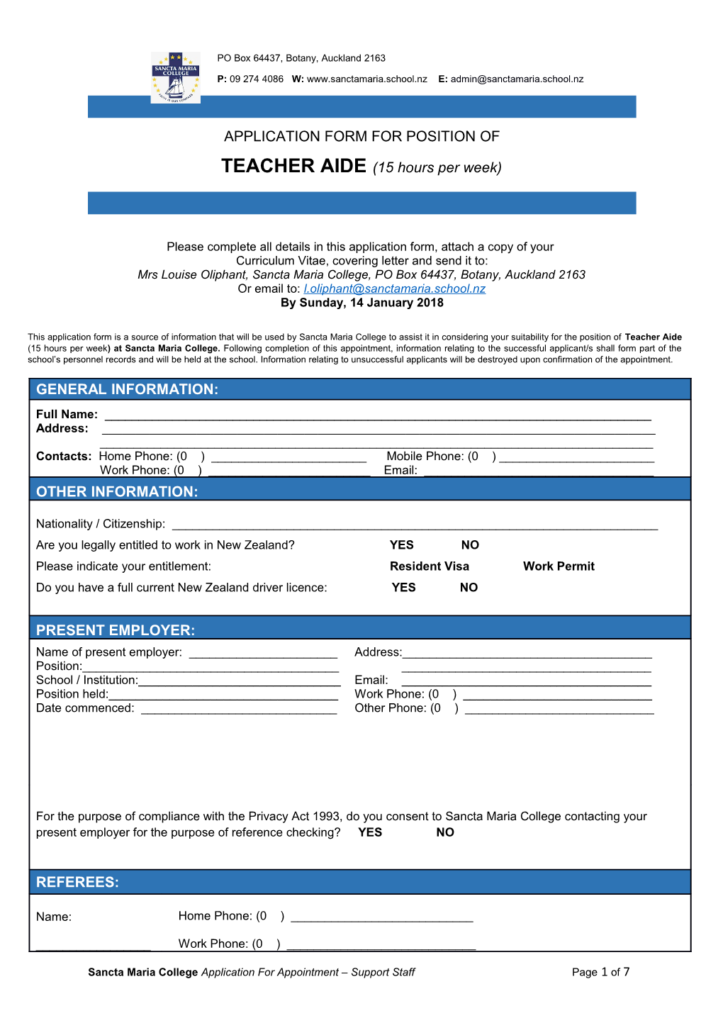 Application Form for Position Of