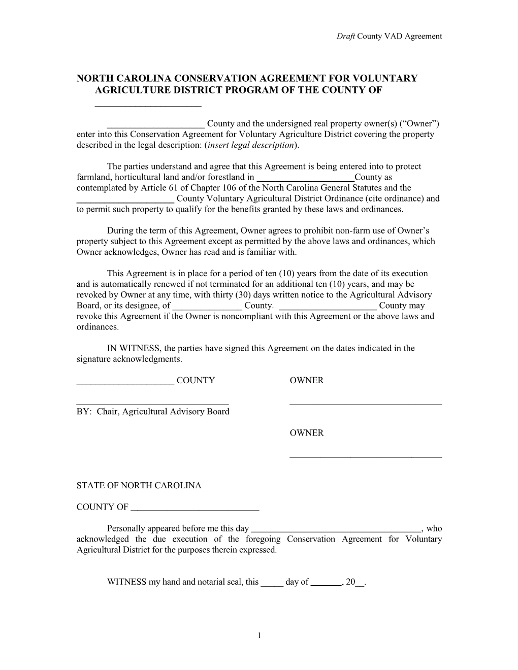 North Carolina Conservation Agreement for Voluntary Agriculture District Program of The