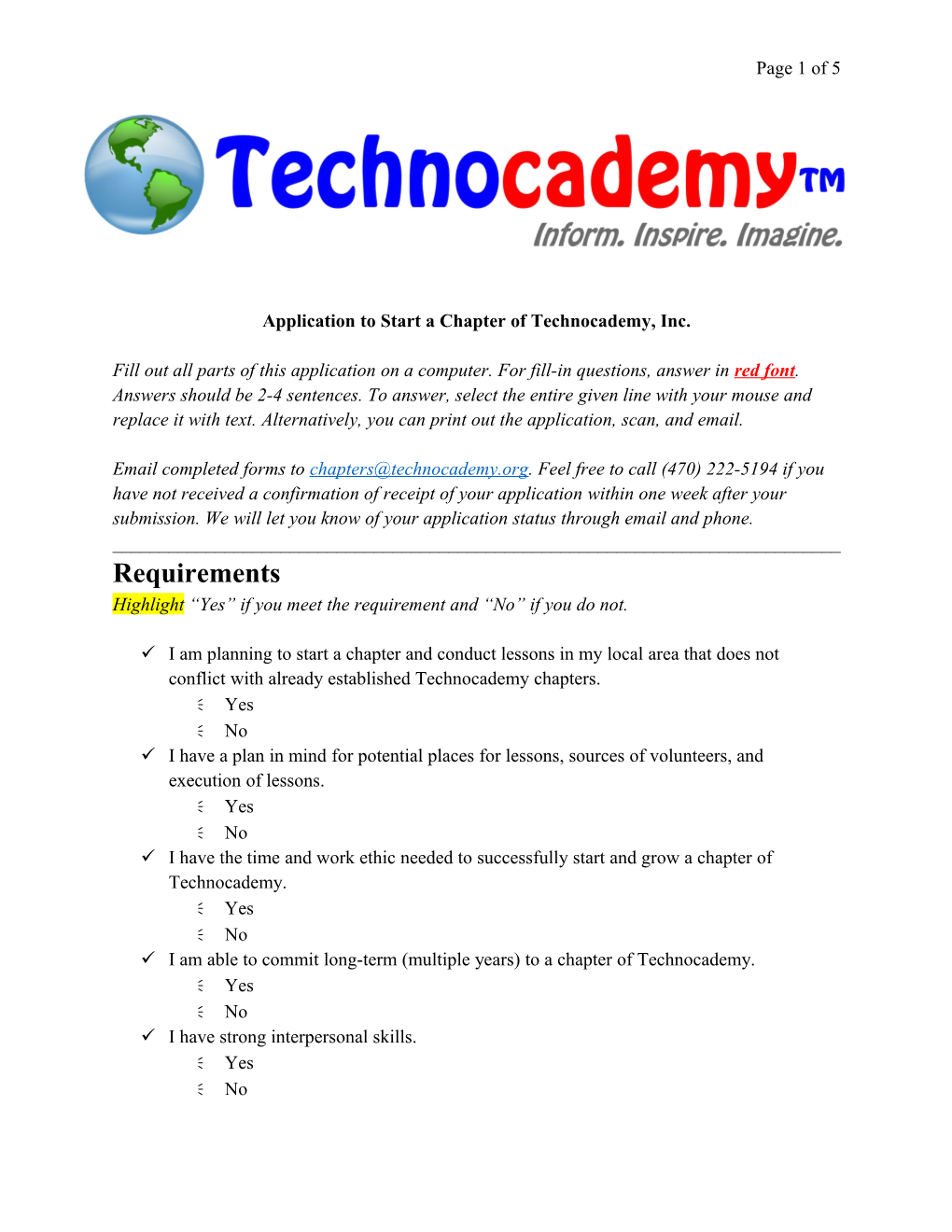 Application to Start a Chapter of Technocademy, Inc
