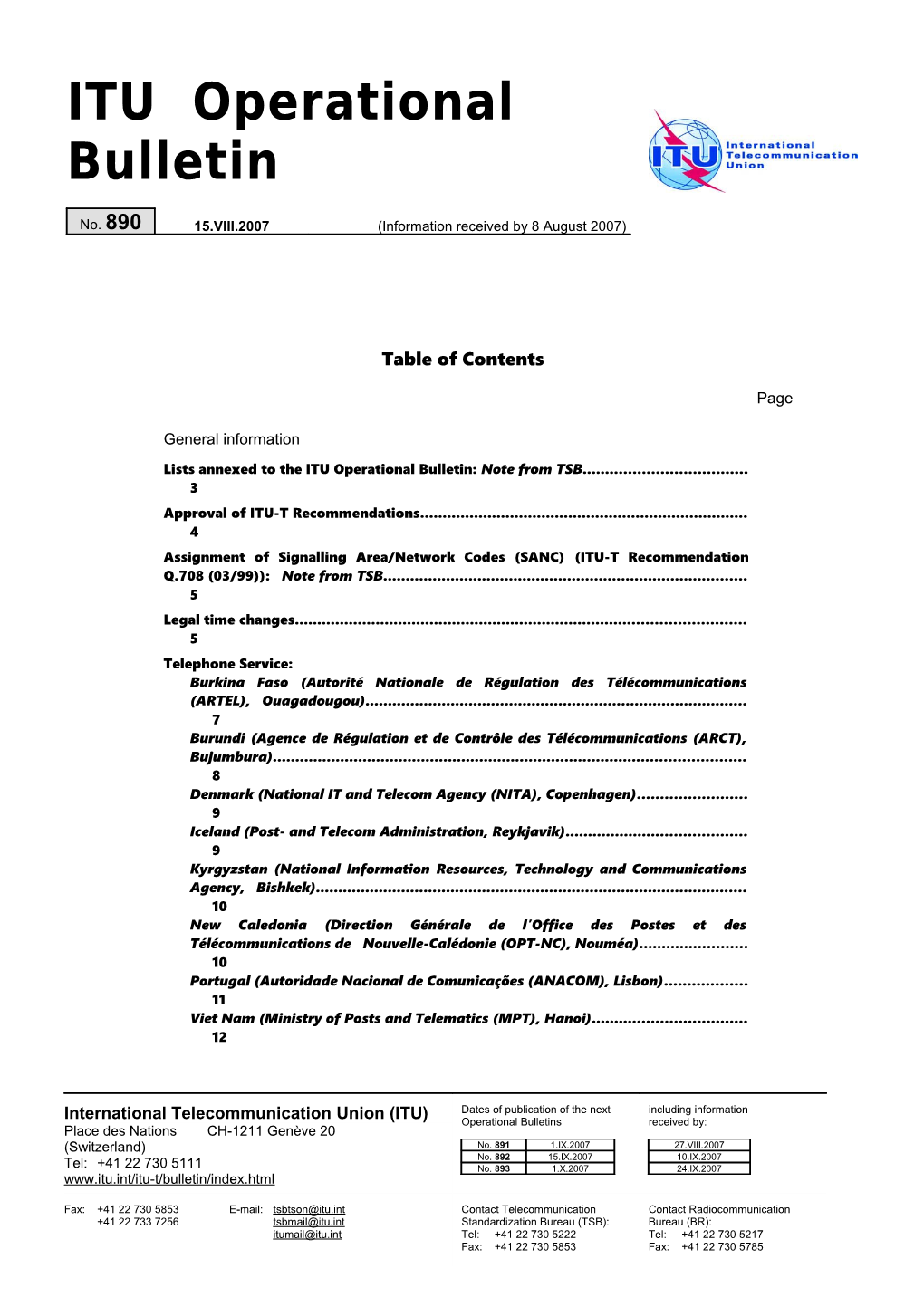 ITU Operational Bulletin No.890 Du 15.VIII.2007