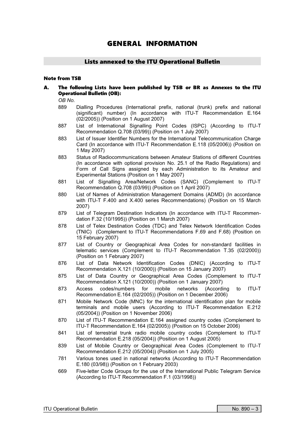 ITU Operational Bulletin No.890 Du 15.VIII.2007