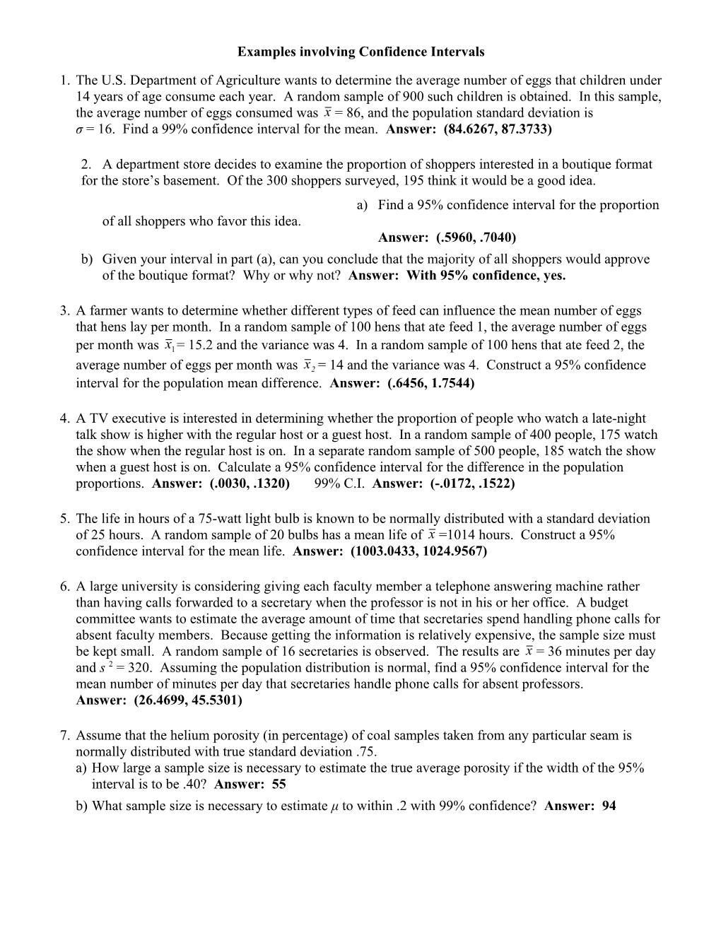 Examples Involving Confidence Intervals