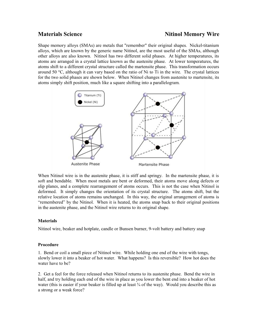 Materials Science Nitinol Memory Wire